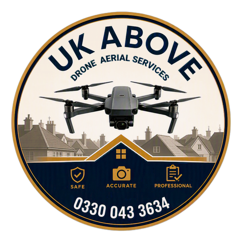 Logo for UK Above showing a drone hovering over street roofs.